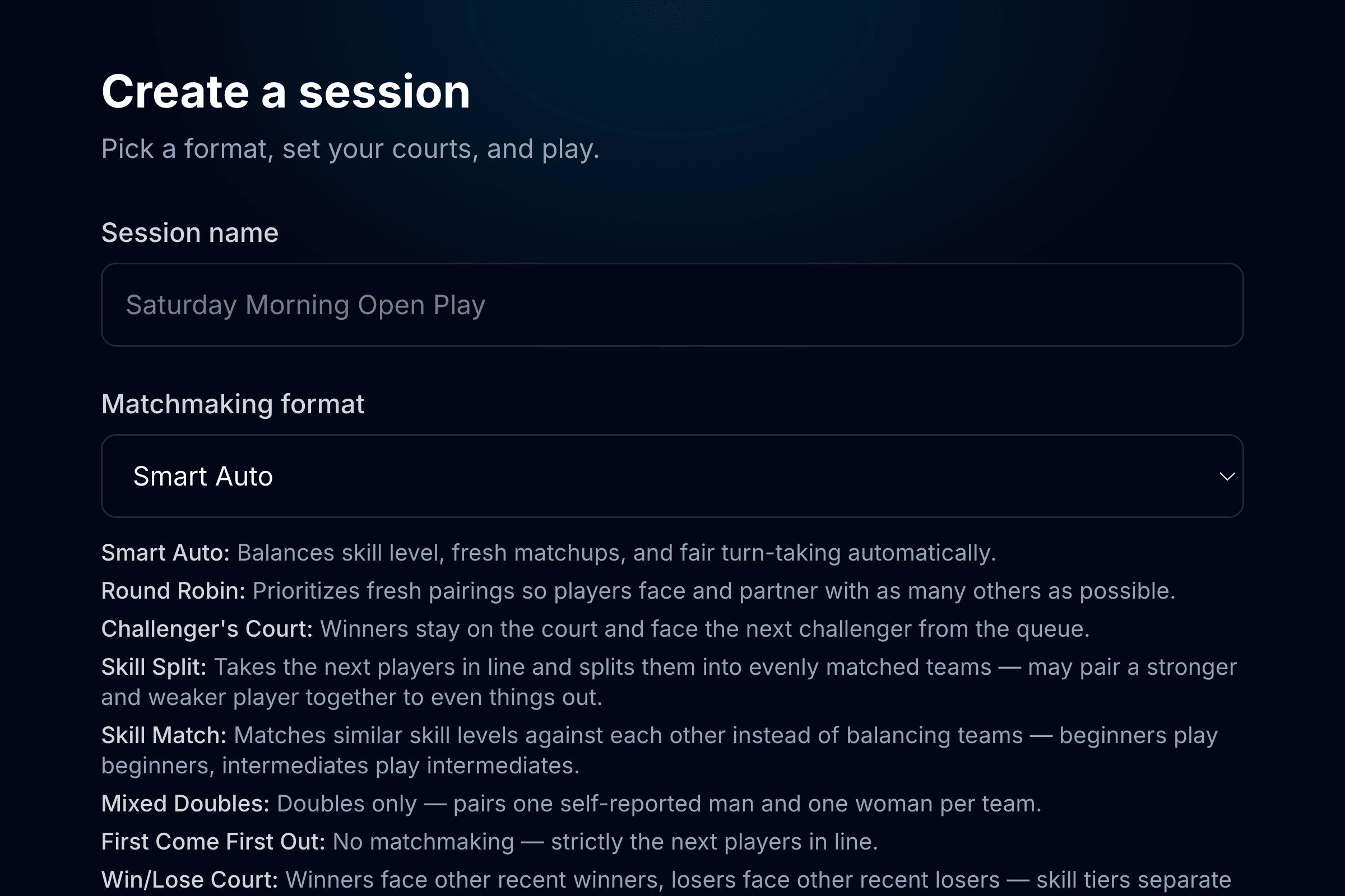 The create-a-session form, with session name and matchmaking format