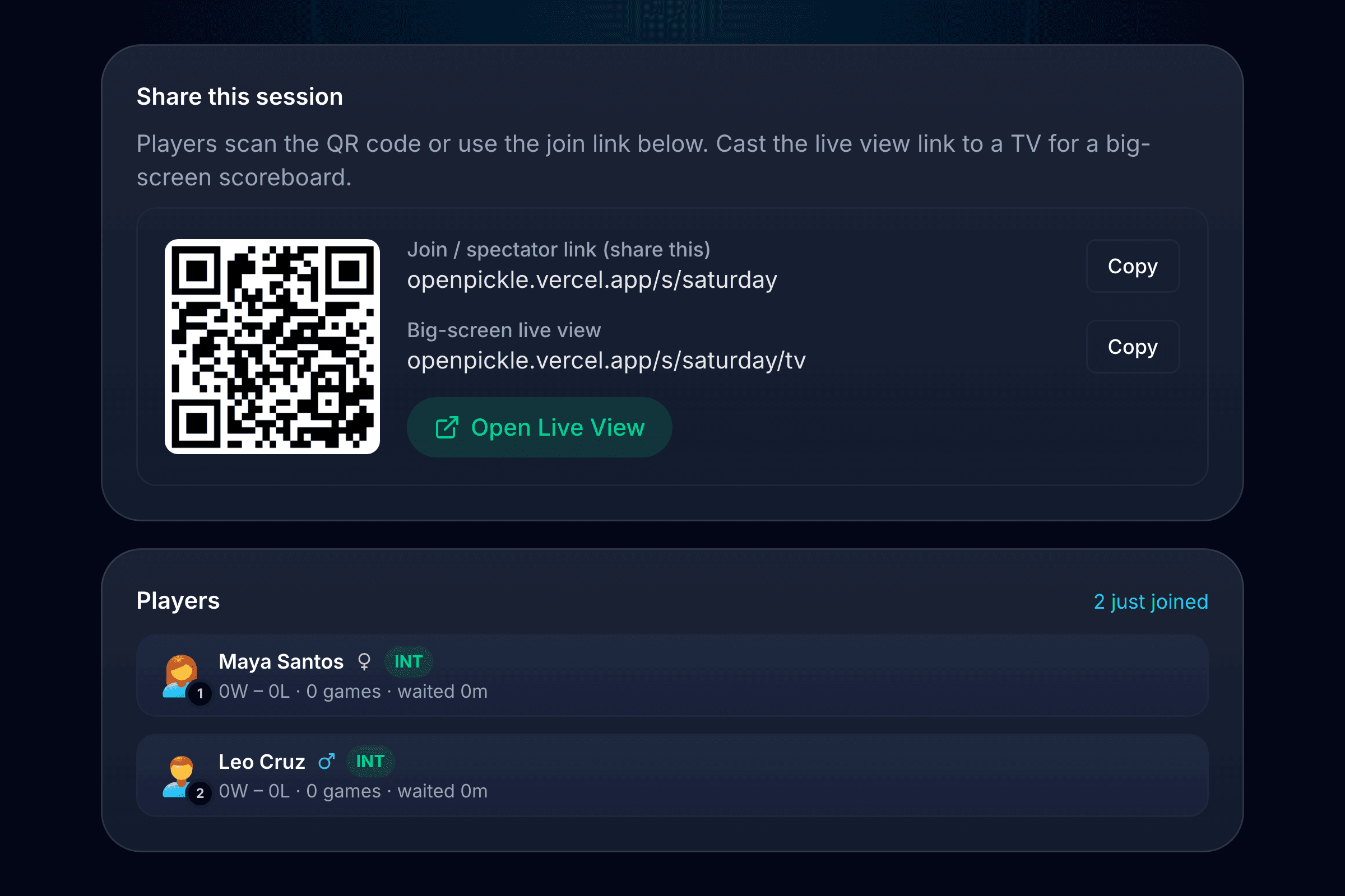The share screen with a QR code and join link, above a list of players who joined